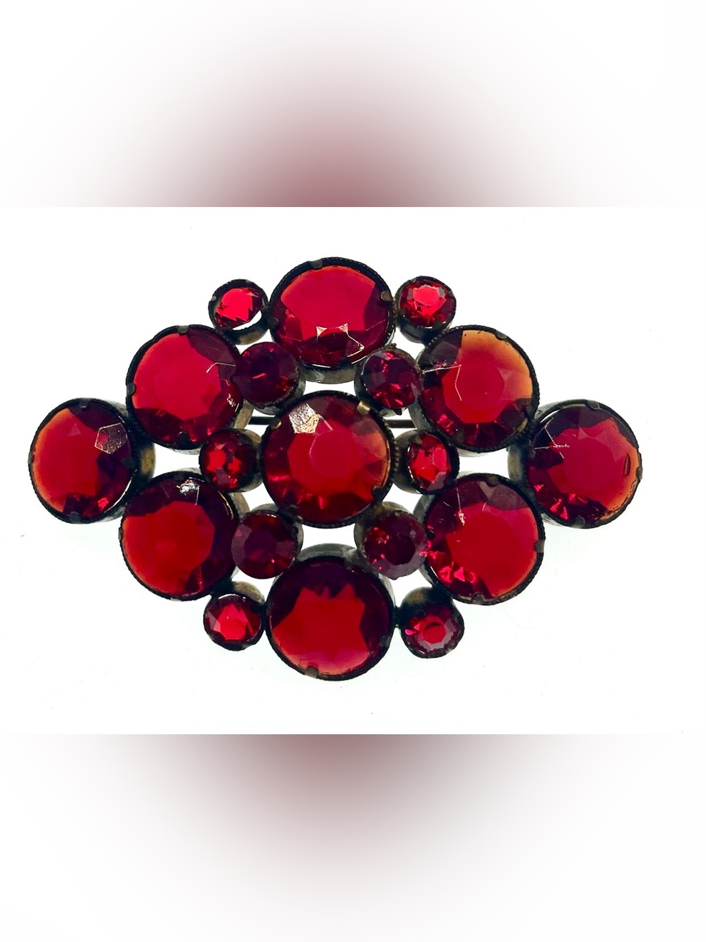 Vintage Ruby Red Glass Crystal Cluster Mid Century Brooch Pin Retro Statement